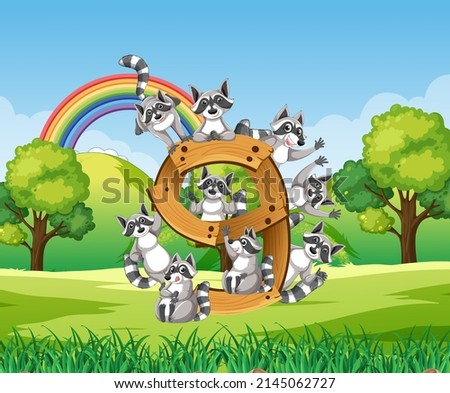 Nine raccoons attached to number eight illustration