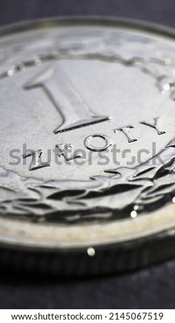 Translation: 1 zloty. Fragment of Polish one zloty coin closeup. National currency of Poland. Vertical stories. News about economy or banking. Loan and credit. Wages and benefits. Macro
