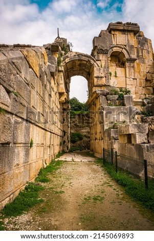 The entrance part of the ancient city theater of Myra. Demre, Antalya, Turkey. Royalty-Free Stock Photo #2145069893