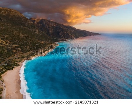 Turquoise Beach in the Sunset Drone Photo, Oludeniz Fethiye, Mugla Turkey