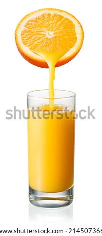 Orange juice is pouring into the glass. Isolated on white