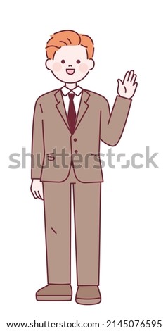 A businessman in a shirt is waving his hand to say hello. flat design style vector illustration.