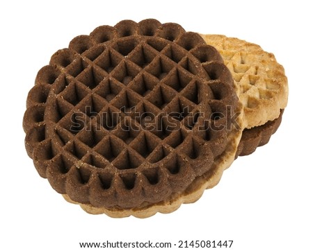 Chocolate chip cookies isolated on white background. Detail for design. Design elements. Macro. Full focus. Background for business cards, postcards and posters. Food object design. 