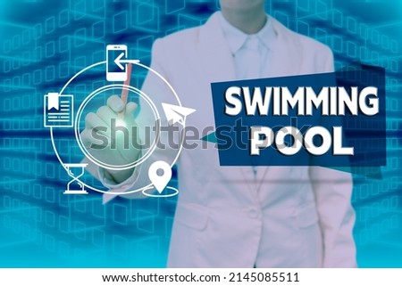 Sign displaying Swimming Pool. Concept meaning Structure designed to hold water for leisure activities Lady in suit holding pen symbolizing successful teamwork accomplishments.
