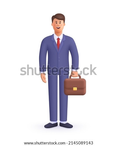 Smiling businessman in suit holding briefcase. Leader success, management concept. 3d vector people character illustration. Cartoon minimal style. Royalty-Free Stock Photo #2145089143
