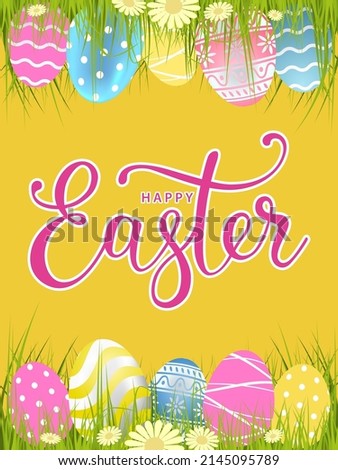 Happy easter card with eggs on the green grass and lettering
