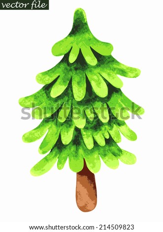 Single fir tree. Watercolor painting. Vector illustration