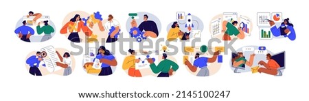 Business concepts of analytics, planning, marketing research, work communication, goal settings. People launching projects, studying reports. Flat vector illustrations isolated on white background. Royalty-Free Stock Photo #2145100247