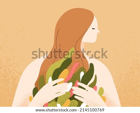 Self love and care. Psychology concept, mental health recovery, rehabilitation, inner world development. Woman feeling peace, tranquility with healing garden plants inside. Flat vector illustration. Royalty-Free Stock Photo #2145100769