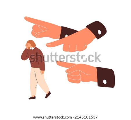 Hands pointing at victim, bullying and judging. Manipulation, condemnation, disgrace and control concept. Society shaming, blaming woman employee. Flat vector illustration isolated on white background Royalty-Free Stock Photo #2145101537