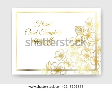 Floral botanical wedding invitation elegant card template with apple flowers. Romantic design for greeting card, natural cosmetics, women products. Illustration in golden over white.