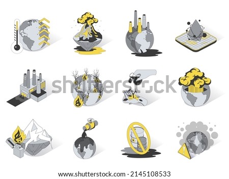 Global warming and pollution 3d isometric icons set. Pack elements of climate change on planet, emissions, volcano explosions, forest fires, oil industry. Vector illustration in modern isometry design