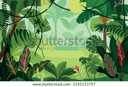 Colored jungle composition big green leaves and trees in the dense jungle vector illustration