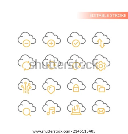 Cloud data storage vector icon set. Upload, download service sharing outline icons.