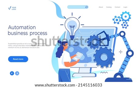 Automation business process landing page template. Company strategy. Work organization. Project management, software development. Automated business system concept with computer that builds robot arms Royalty-Free Stock Photo #2145116033