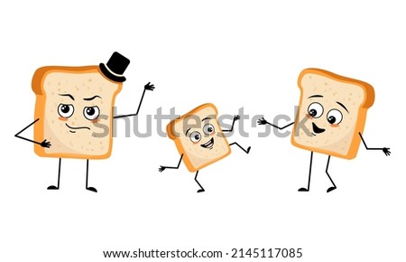 Family of bread character with happy emotions and poses, smile face, happy eyes, arms and legs. Mom is happy, dad is wearing hat and child with dancing pose. Vector flat illustration