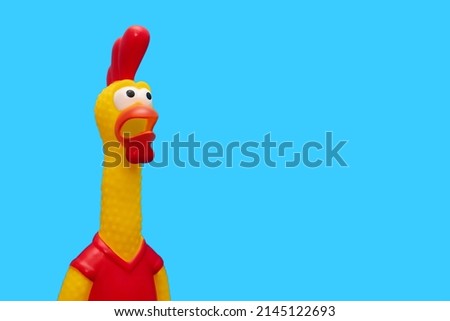 Rubber toy in the form of a screaming rooster on a blue background. The funny toy rooster has a surprised and dumbfounded look with an open beak and frightened eyes. Free space for text