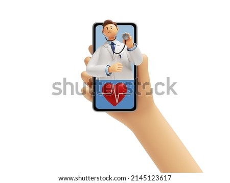 3d rendering, medical illustration isolated on white background. Heart checkup. Online consultation with doctor. Cartoon character hand holds mobile phone with cardiologist popping out from screen