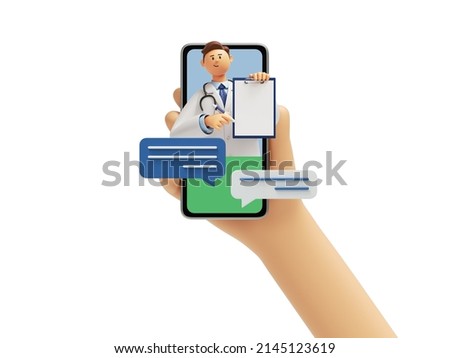 3d rendering, cartoon character hand holds smart phone with doctor popping out from screen, online consultation. Tele medicine video call. Medical insurance. Clip art isolated on white background