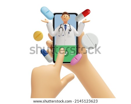 3d rendering, medical illustration isolated on white background. Online consultation with doctor popping out from screen with assorted pills. Cartoon character hand holds mobile phone and calls