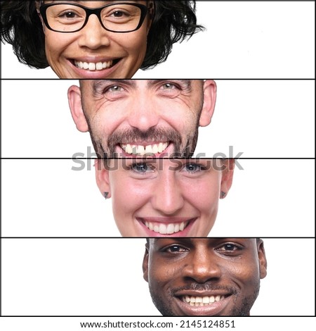 Group of beautiful happy people in a collage in front of a white background