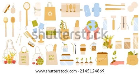 Zero waste set vector illustration. Cartoon paper food bags, reusable wooden and glass storage containers and bottles to reduce consumption, organic products isolated on white. eco friendly concept Royalty-Free Stock Photo #2145124869
