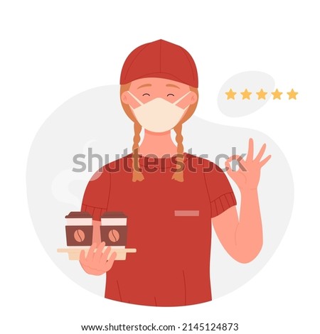Takeaway coffee delivery service. Courier holding two paper cups of latte cartoon vector illustration