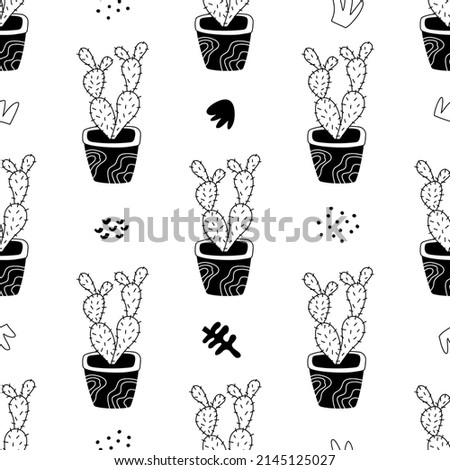 Seamless pattern with home plants in hand drawn style. Outline hand drawing. Illustration for textiles, stickers, cards, wallpaper, wrapping paper. Isolated on white