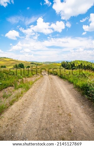 clay road on top of the mountain around the field. Summer warm day. blue sky with clouds. vertical photo.