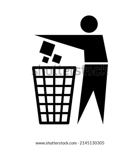 Waste bin black icons. Flat vector clean up sign. Man and waste bin. Keep clean. Recycle trash. Dispose of your garbage properly. Royalty-Free Stock Photo #2145130305