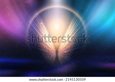 Magic blue and purple abstract vector illustration. Luxury background with leading lines from point in middle with brilliant glow of dots and round golden light effect frame for product presentation Royalty-Free Stock Photo #2145130509