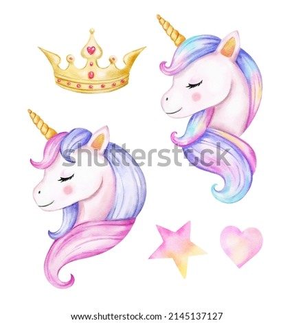 Unicorn Watercolor illustration with boho flowers in pink, white and pastel colors for baby and girls