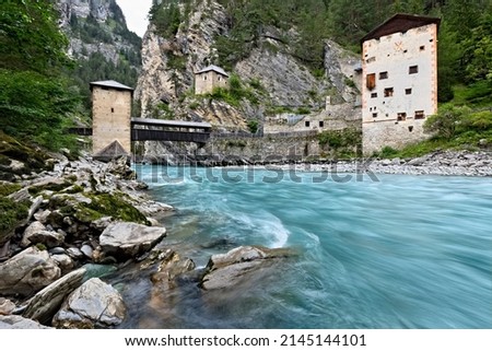 Altfinstermünz: fortress on the River Inn which served as a customs between Austria and Switzerland. Nauders, Tyrol, Austria, Europe. Royalty-Free Stock Photo #2145144101