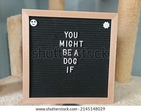 A sign saying you might be a dog if. The felt sign has removable letters than can be moved around to make whatever words or saying one wants. 