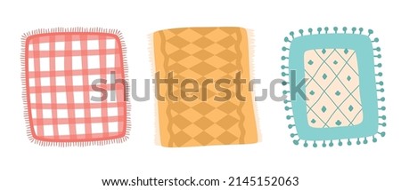 Picnic blanket set graphic element isolated on white. Summer picnic blankets on different colors for garden party invitation design. Vector illustration. Checkered tablecloth for summer picnic.