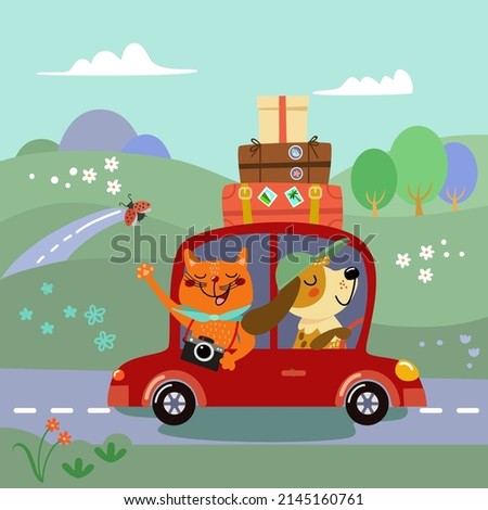 Cute dog and cat going to vacation by car. Happy pet friends driving on the road, funny cartoon animals tourist in summer trip with their luggage. Hand drawn vector illustration for kids. Flat design