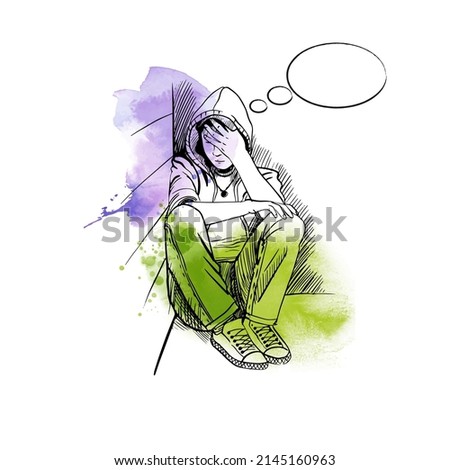 A teenage boy sits in the corner and is sad. Vector sketch illustration