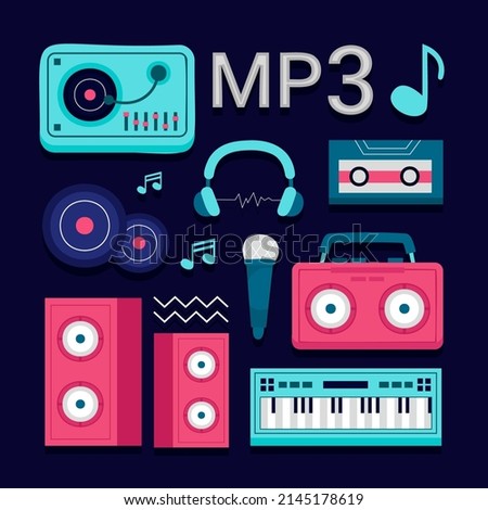 Music concept isolated elements set. Bundle of song creation and recording and  musical instruments. Vector illustration.