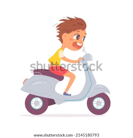 City scooter fun ride for boy vector illustration. Cartoon funny cute kid riding motorcycle on street or lane road, happy little child motorcyclist driving motor transport isolated on white