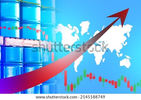 Rise and fall graphs near blue barrels. Oil barrels next to world map. Concept international oil market. International trade in petroleum products. Rise or fall in price crude oil. Petrolium prises