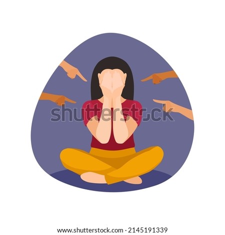 Asian girl sitting upset surrounded by pointing hands. Problem of humiliation, racism and bullying in human society. Flat vector illustration Royalty-Free Stock Photo #2145191339