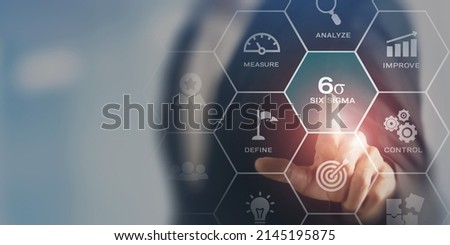 Six sigma concept. The DMAIC industrial technology quality control, industrial process improving and lean concept. Businessman touching on Six sigma symbol surrouded by the process of improvement icon Royalty-Free Stock Photo #2145195875