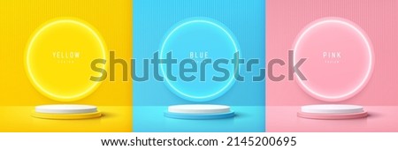 Set of yellow, blue and pink realistic 3d cylinder pedestal podium with circle neon lamp background. Abstract vector rendering geometric forms. Minimal scene. Stage showcase, Mockup product display. Royalty-Free Stock Photo #2145200695