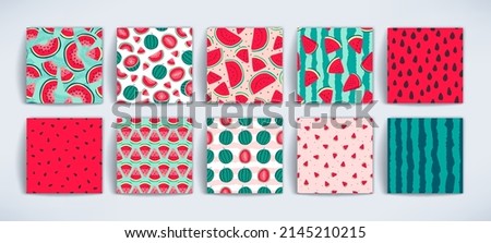 Vector watermelons hand drawn seamless patterns set. Cute summer fresh fruits print. Watermelon red slices, half sliced and whole watermelons repeat textures collection for fabric design, background. Royalty-Free Stock Photo #2145210215