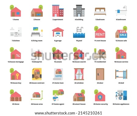 Real Estate Vector Icons Flat Color , Home, House, Building