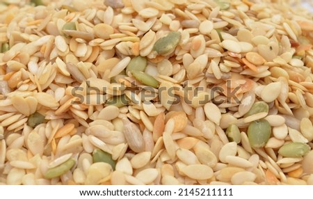 Different types of seeds deshelled. Seeds are the real powerhouse of nutrients. Sunflower, pumpkin, melon, water melon and cucumber seeds. Good for your health. India. Royalty-Free Stock Photo #2145211111