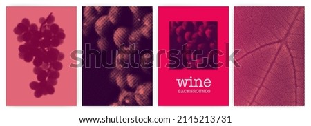 Wine designs. Background vector images with halftone effect. Bunch of grapes and texture of vineyard leaves. For brochure designs, covers, t-shirts, textiles. Royalty-Free Stock Photo #2145213731