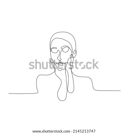The Portrait of a Beautiful Woman is Drawn In One Line Art Style. Printable Art. Beauty Woman With Hands.