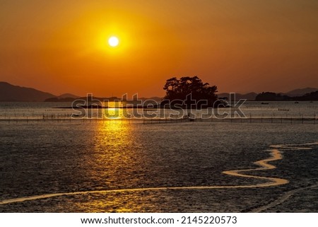 Sunset view of fishing nets on mud flat at low tide against Solseom Island in the background at Waon Beach of Suncheon Bay near Suncheon-si, South Korea 
 Royalty-Free Stock Photo #2145220573