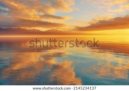 Bright sunset over lake Geneva, Switzerland, golden clouds reflect in the water Royalty-Free Stock Photo #2145234137